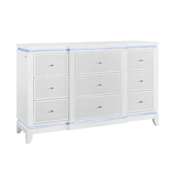 HomeRoots 62" Glamorous White Faux Crystal Lighted Triple Dresser with 9 Drawers for Stylish Storage Solutions 633700