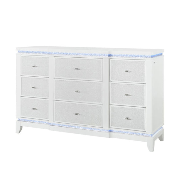 HomeRoots 62" Glamorous White Faux Crystal Lighted Triple Dresser with 9 Drawers for Stylish Storage Solutions 633700