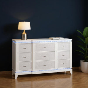 HomeRoots 62" Glamorous White Faux Crystal Lighted Triple Dresser with 9 Drawers for Stylish Storage Solutions 633700
