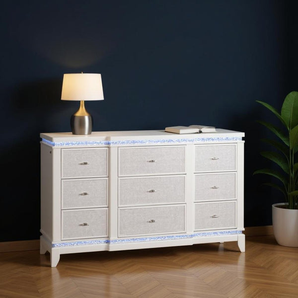 HomeRoots 62" Glamorous White Faux Crystal Lighted Triple Dresser with 9 Drawers for Stylish Storage Solutions 633700