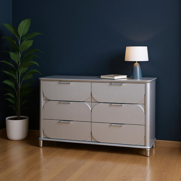 HomeRoots 63" Silver Wood Double Dresser - Modern Six Drawer Storage Solution with Sleek Finish & Acrylic Feet 633704