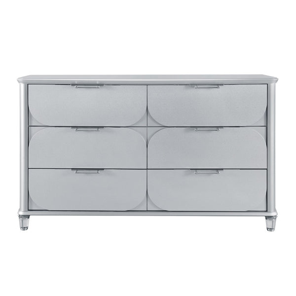 HomeRoots 63" Silver Wood Double Dresser - Modern Six Drawer Storage Solution with Sleek Finish & Acrylic Feet 633704