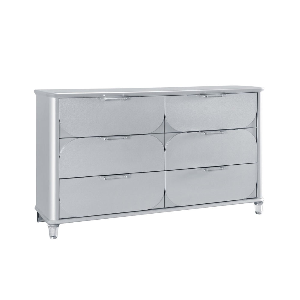 HomeRoots 63" Silver Wood Double Dresser - Modern Six Drawer Storage Solution with Sleek Finish & Acrylic Feet 633704