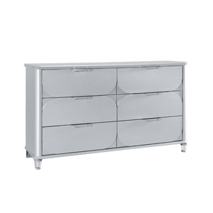 HomeRoots 63" Silver Wood Double Dresser - Modern Six Drawer Storage Solution with Sleek Finish & Acrylic Feet 633704