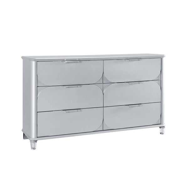 HomeRoots 63" Silver Wood Double Dresser - Modern Six Drawer Storage Solution with Sleek Finish & Acrylic Feet 633704