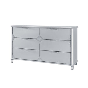 HomeRoots 63" Silver Wood Double Dresser - Modern Six Drawer Storage Solution with Sleek Finish & Acrylic Feet 633704