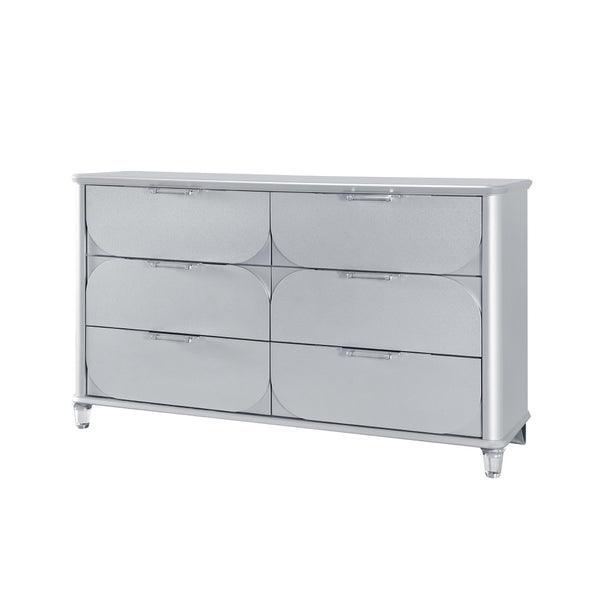 HomeRoots 63" Silver Wood Double Dresser - Modern Six Drawer Storage Solution with Sleek Finish & Acrylic Feet 633704