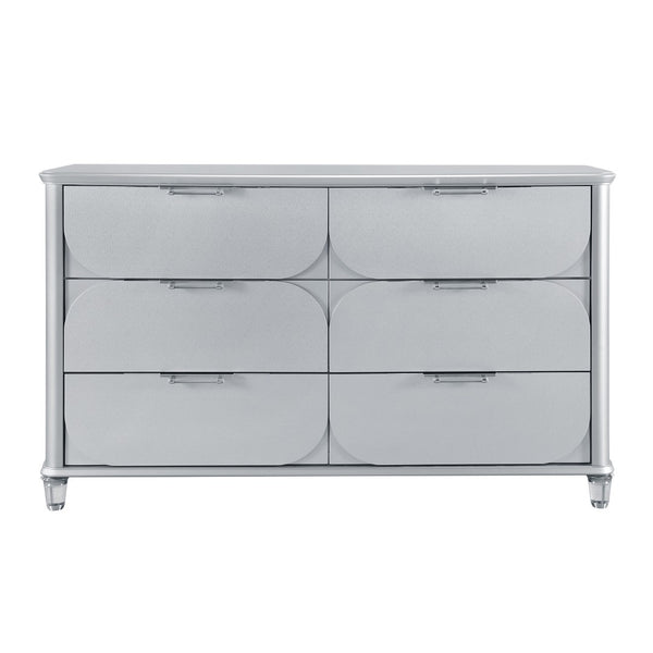HomeRoots 63" Silver Wood Double Dresser - Modern Six Drawer Storage Solution with Sleek Finish & Acrylic Feet 633704
