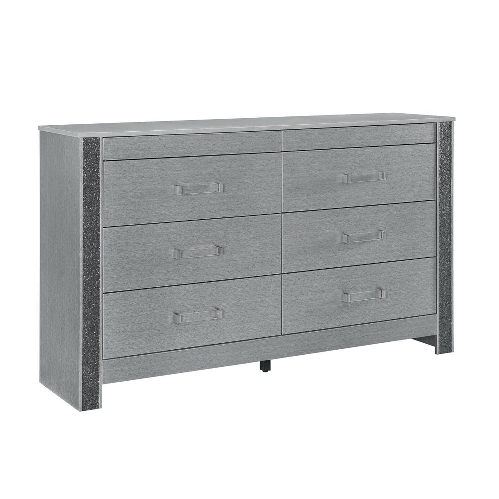 HomeRoots 62" Modern Silver Wood Double Dresser - Spacious Six Drawer Storage for Organized Bedrooms & Style 633706