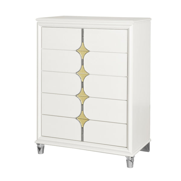 HomeRoots 37" Elegant White Wood Dresser with Gold Faux Crystal Accents – Glamorous Storage Solution for Bedrooms 633707