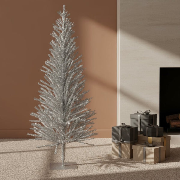 HomeRoots 4' Silver Tinsel Sparse Pine Christmas Tree - Modern Holiday Accent for Tabletop or Small Spaces 633717