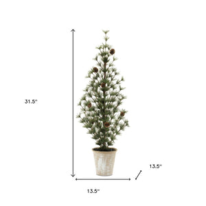 HomeRoots Set of Two 32" Mini Artificial Pine Trees in Rustic Pots – Charming Decor for Any Season 633722