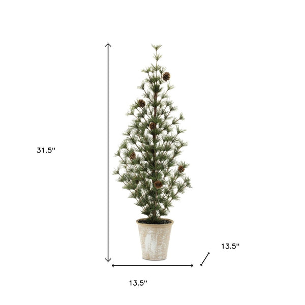 HomeRoots Set of Two 32" Mini Artificial Pine Trees in Rustic Pots – Charming Decor for Any Season 633722