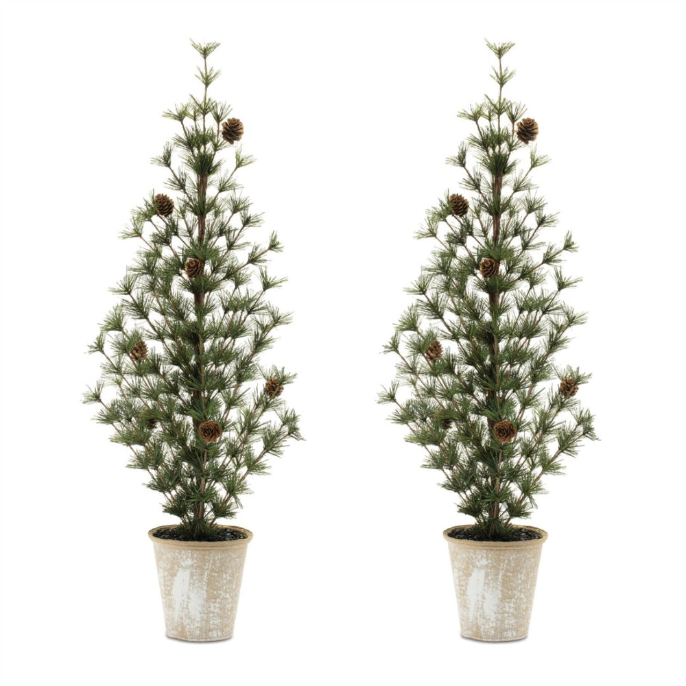 HomeRoots Set of Two 32" Mini Artificial Pine Trees in Rustic Pots – Charming Decor for Any Season 633722