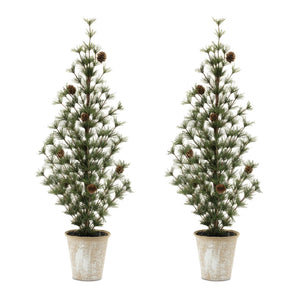 HomeRoots Set of Two 32" Mini Artificial Pine Trees in Rustic Pots – Charming Decor for Any Season 633722