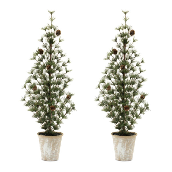 HomeRoots Set of Two 32" Mini Artificial Pine Trees in Rustic Pots – Charming Decor for Any Season 633722