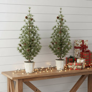 HomeRoots Set of Two 32" Mini Artificial Pine Trees in Rustic Pots – Charming Decor for Any Season 633722