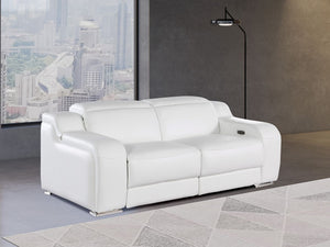 HomeRoots 76" White & Silver Italian Leather Power Reclining Loveseat – Luxurious Comfort & Modern Elegance 633746
