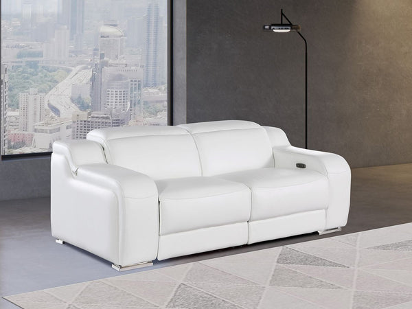 HomeRoots 76" White & Silver Italian Leather Power Reclining Loveseat – Luxurious Comfort & Modern Elegance 633746
