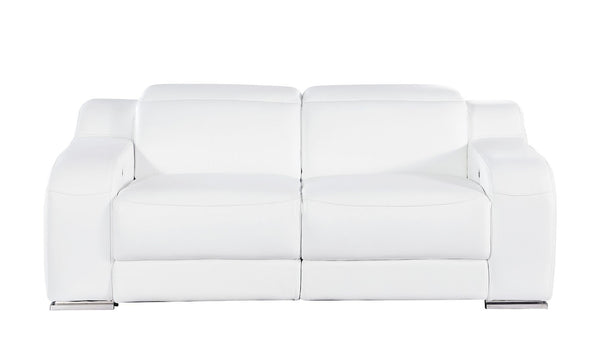 HomeRoots 76" White & Silver Italian Leather Power Reclining Loveseat – Luxurious Comfort & Modern Elegance 633746