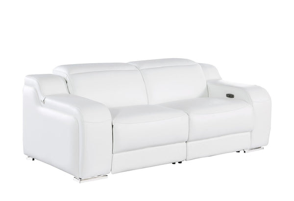 HomeRoots 76" White & Silver Italian Leather Power Reclining Loveseat – Luxurious Comfort & Modern Elegance 633746