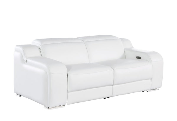 HomeRoots 76" White and Silver Italian Leather Power Reclining Loveseat - Luxurious Comfort & Modern Design 633747