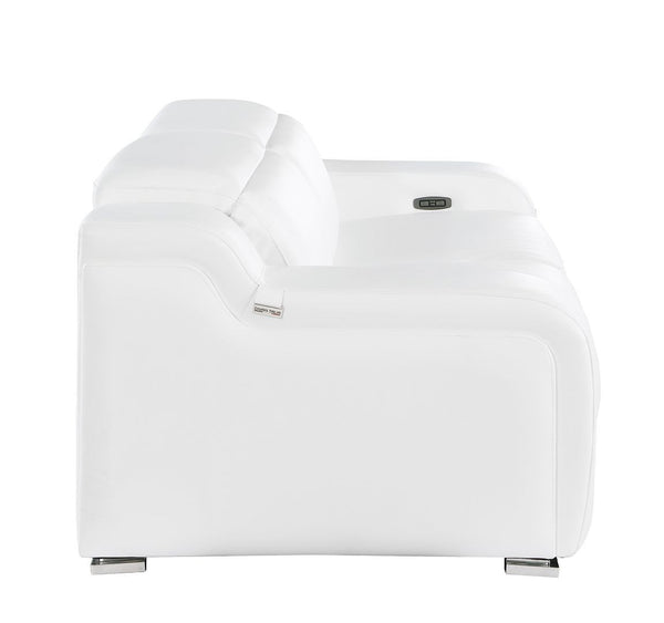 HomeRoots 76" White and Silver Italian Leather Power Reclining Loveseat - Luxurious Comfort & Modern Design 633747