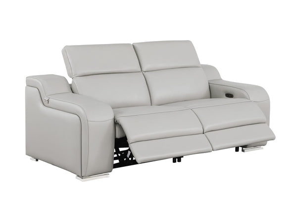 HomeRoots 76" Light Gray Italian Leather Power Reclining Loveseat - Luxurious Comfort & Modern Design 633748