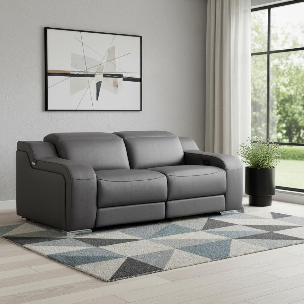 HomeRoots 76" Dark Gray Leather Power Reclining Loveseat with Silver Accents for Ultimate Comfort & Style 633749