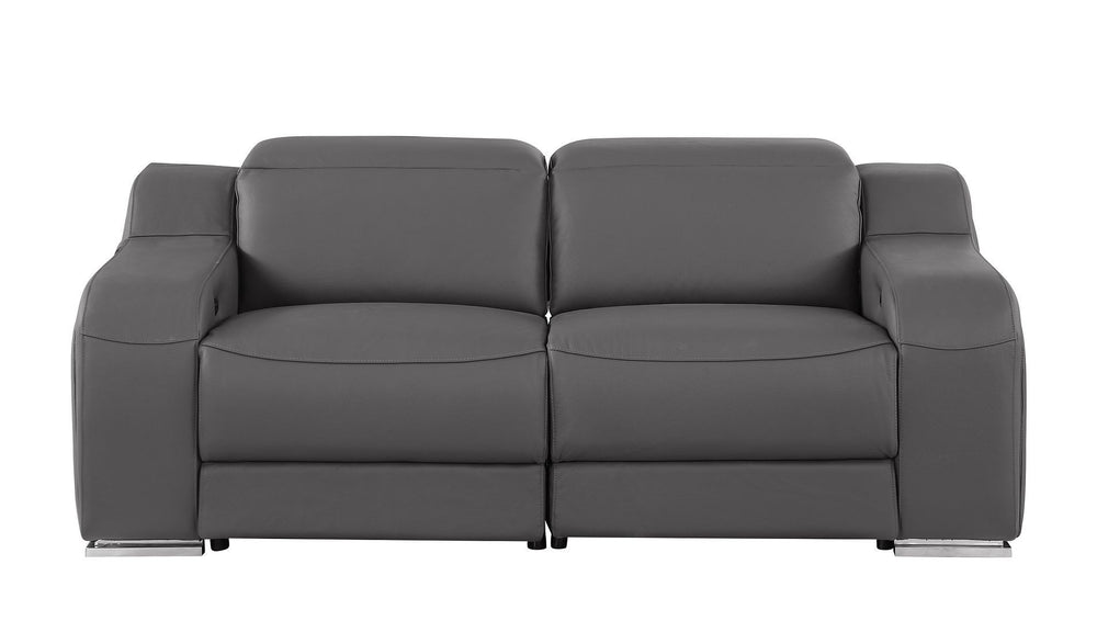 HomeRoots 76" Dark Gray Leather Power Reclining Loveseat with Silver Accents for Ultimate Comfort & Style 633749