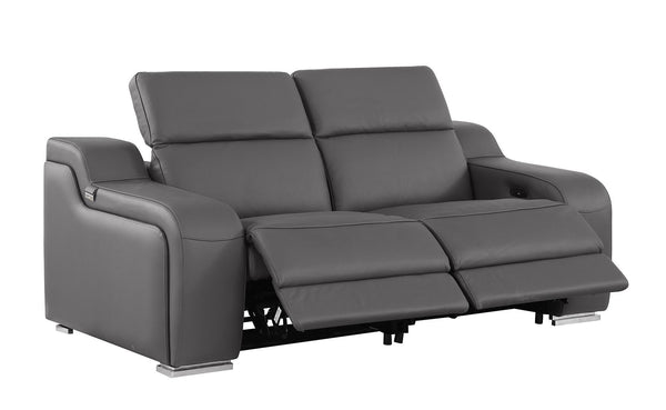 HomeRoots 76" Dark Gray Leather Power Reclining Loveseat with Silver Accents for Ultimate Comfort & Style 633749
