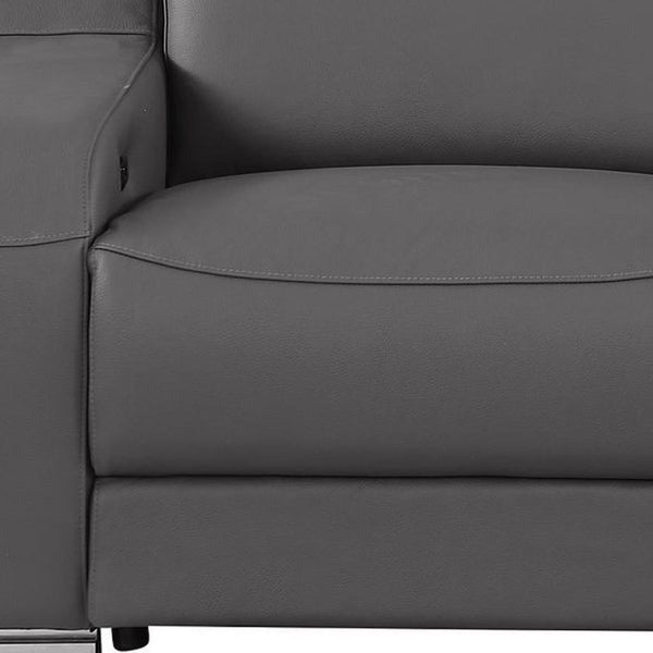 HomeRoots 76" Dark Gray Leather Power Reclining Loveseat with Silver Accents for Ultimate Comfort & Style 633749