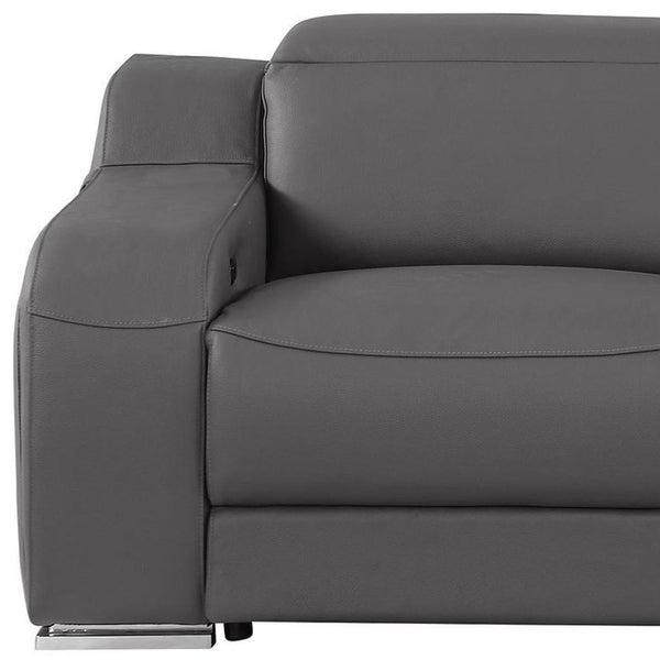 HomeRoots 76" Dark Gray Leather Power Reclining Loveseat with Silver Accents for Ultimate Comfort & Style 633749