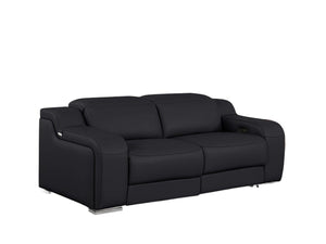 HomeRoots 76" Black and Silver Italian Leather Power Reclining Loveseat – Luxurious Comfort for Stylish Living 633751