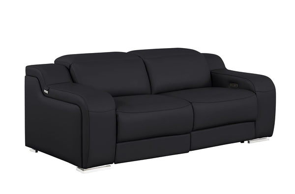 HomeRoots 76" Black and Silver Italian Leather Power Reclining Loveseat – Luxurious Comfort for Stylish Living 633751