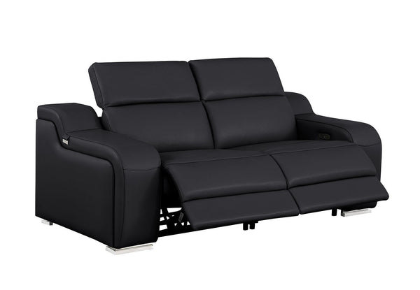 HomeRoots 76" Black and Silver Italian Leather Power Reclining Loveseat – Luxurious Comfort for Stylish Living 633751