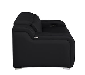 HomeRoots 76" Black and Silver Italian Leather Power Reclining Loveseat – Luxurious Comfort for Stylish Living 633751