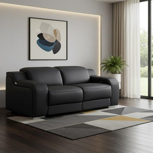 HomeRoots 76" Black and Silver Italian Leather Power Reclining Loveseat – Luxurious Comfort for Stylish Living 633751
