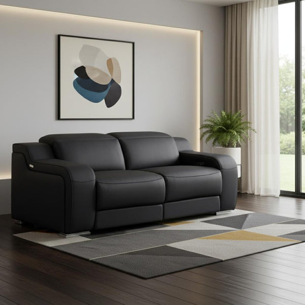 HomeRoots 76" Black and Silver Italian Leather Power Reclining Loveseat – Luxurious Comfort for Stylish Living 633751