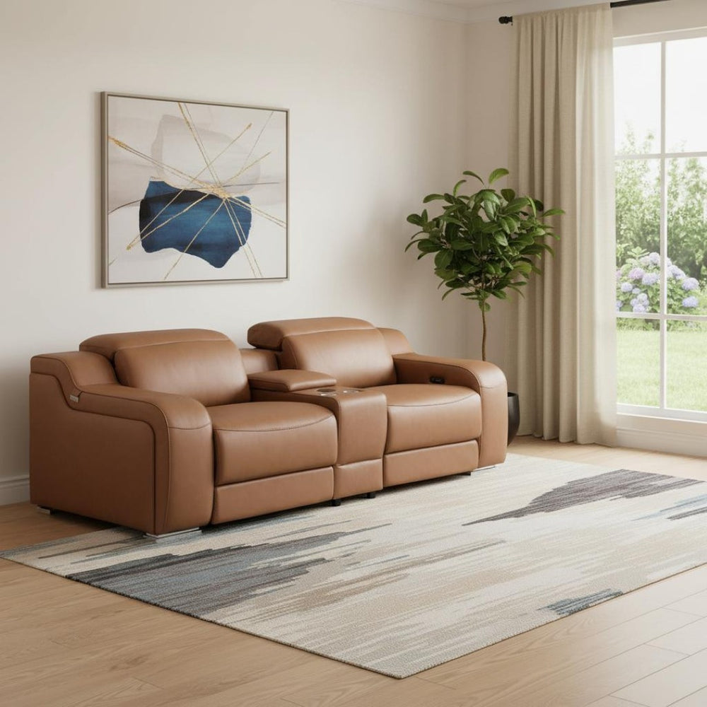 HomeRoots 76" Luxurious Cognac Leather Power Reclining Loveseat with Storage & Cup Holders for Ultimate Comfort 633752