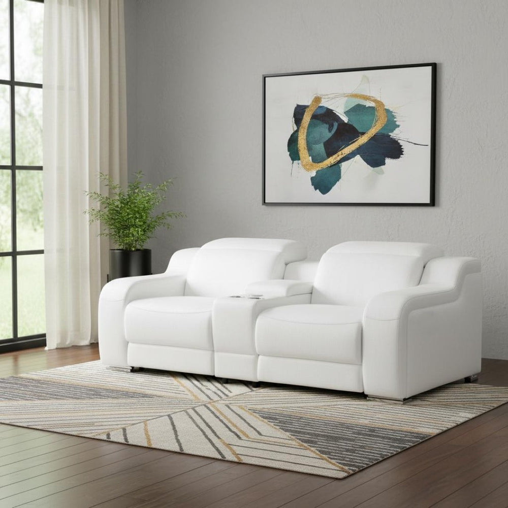 HomeRoots 89" Italian Leather Power Reclining Loveseat with Storage, Cup Holders & Modern Silver Accents 633753