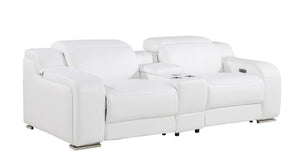 HomeRoots 89" Italian Leather Power Reclining Loveseat with Storage, Cup Holders & Modern Silver Accents 633753