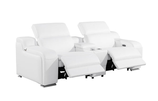 HomeRoots 89" Italian Leather Power Reclining Loveseat with Storage, Cup Holders & Modern Silver Accents 633753