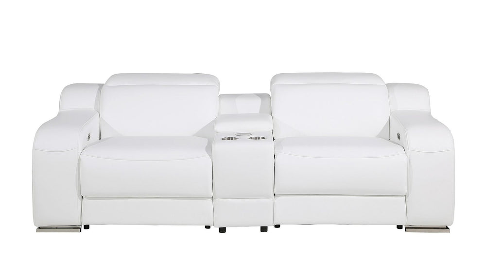 HomeRoots 89" Italian Leather Power Reclining Loveseat with Storage, Cup Holders & Modern Silver Accents 633753