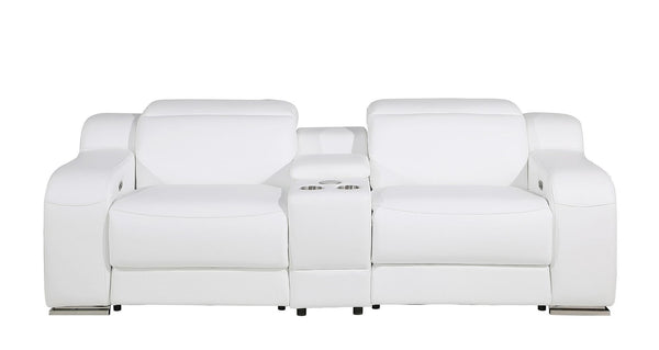 HomeRoots 89" Italian Leather Power Reclining Loveseat with Storage, Cup Holders & Modern Silver Accents 633753