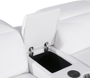 HomeRoots 89" Italian Leather Power Reclining Loveseat with Storage, Cup Holders & Modern Silver Accents 633753