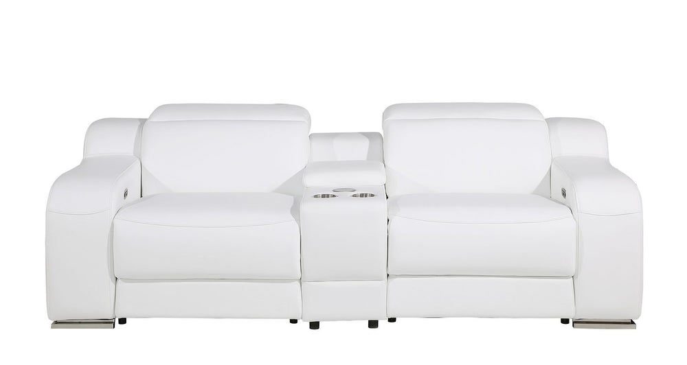 HomeRoots 89" White and Silver Italian Leather Power Reclining Loveseat with Storage for Modern Living Spaces 633754