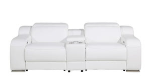 HomeRoots 89" White and Silver Italian Leather Power Reclining Loveseat with Storage for Modern Living Spaces 633754