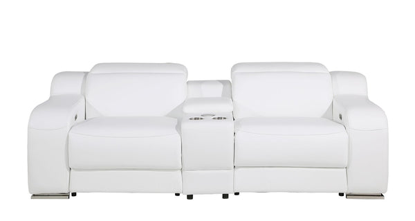 HomeRoots 89" White and Silver Italian Leather Power Reclining Loveseat with Storage for Modern Living Spaces 633754