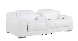 HomeRoots 89" White and Silver Italian Leather Power Reclining Loveseat with Storage for Modern Living Spaces 633754